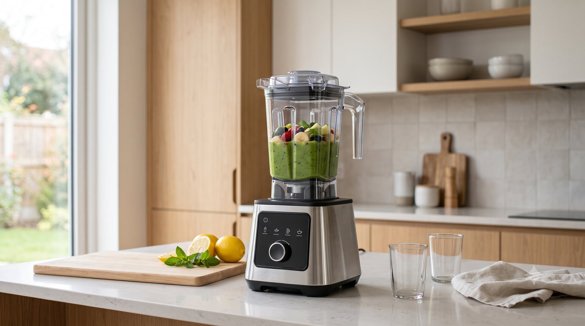 Kompaktowy blender wysokoobrotowy ze stalową obudową na blacie kuchennym