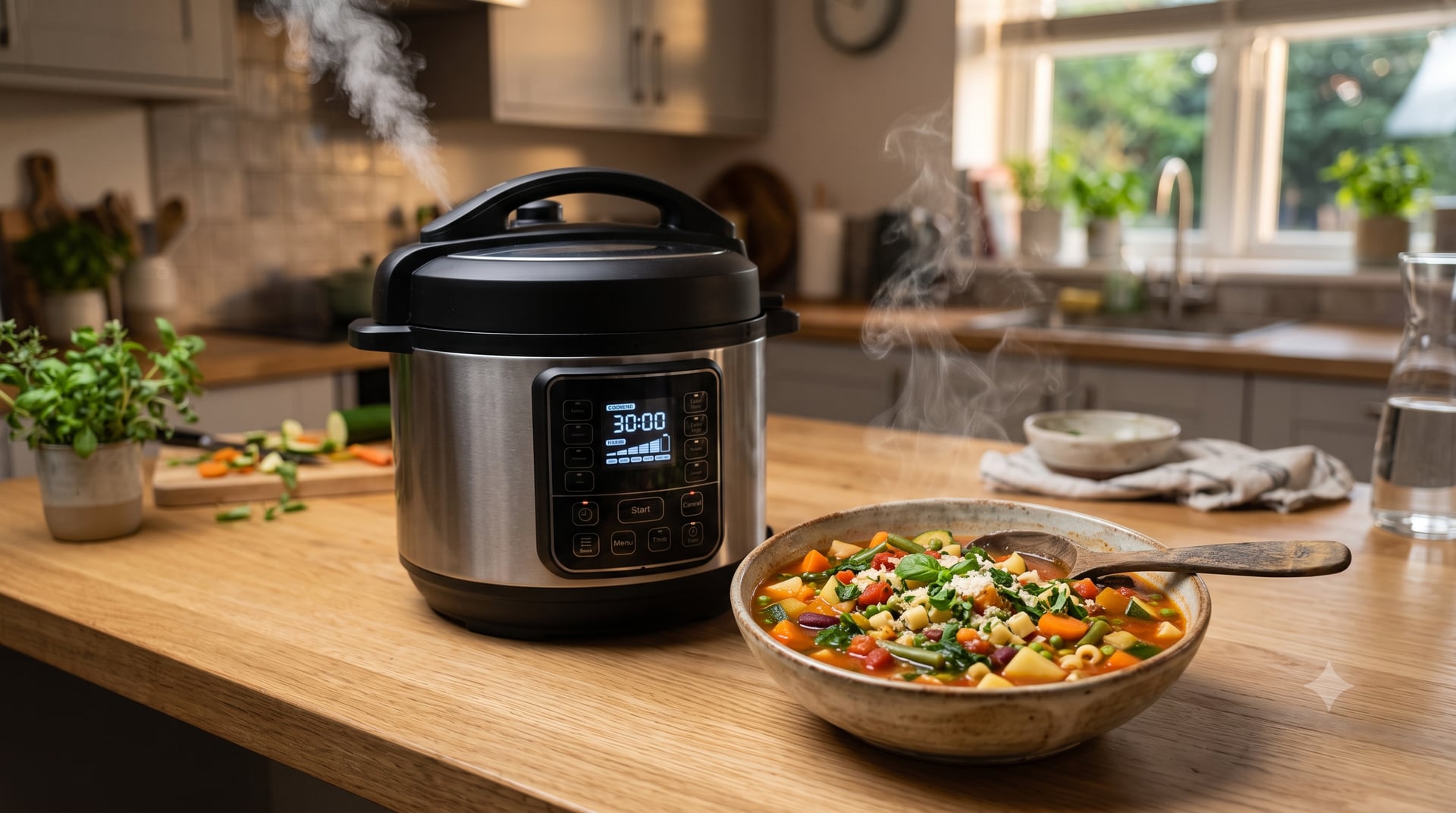 Multicooker Instant Pot z miską zupy warzywnej na blacie kuchennym