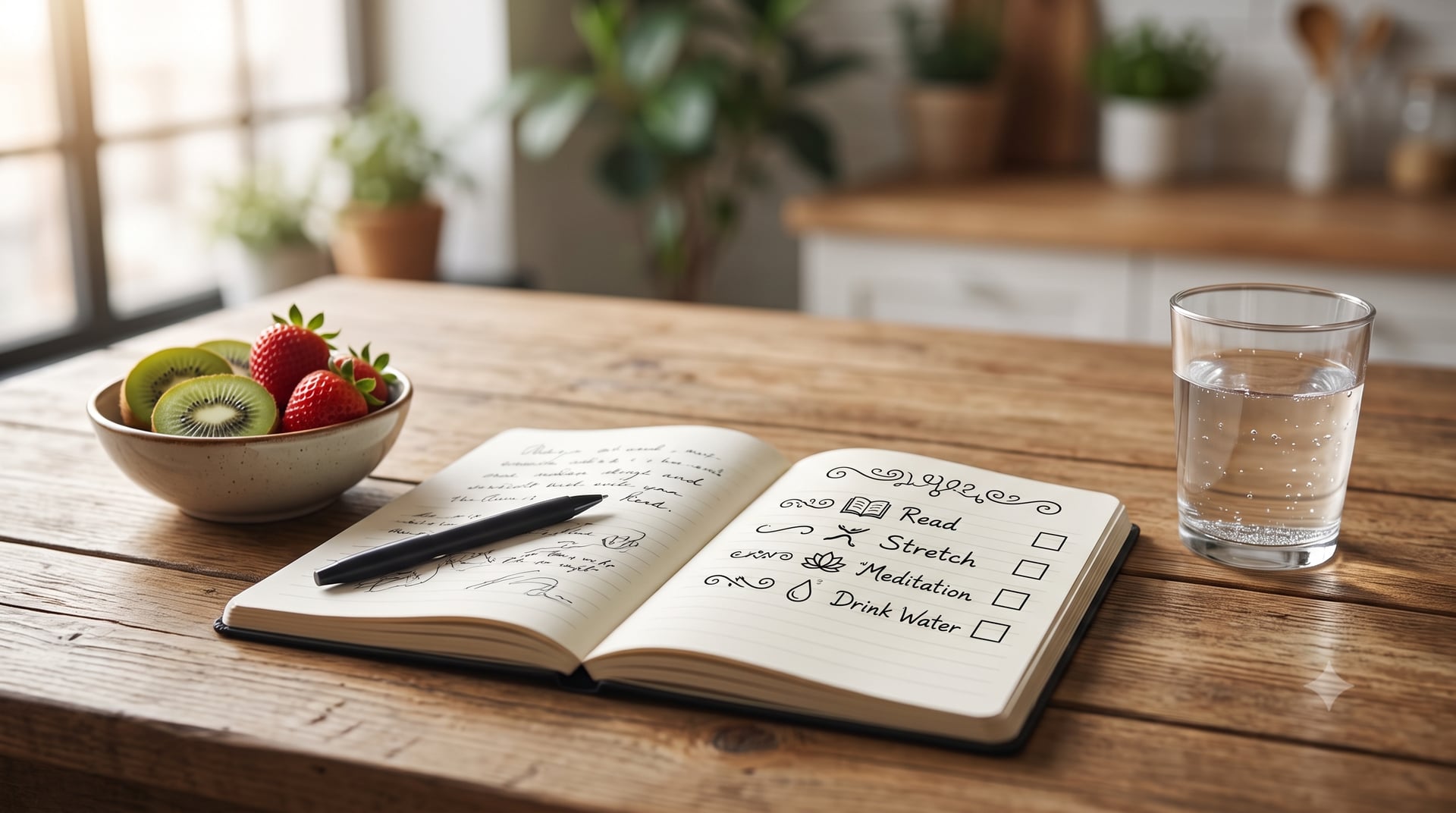 Notes z planem posiłków i miska świeżych owoców